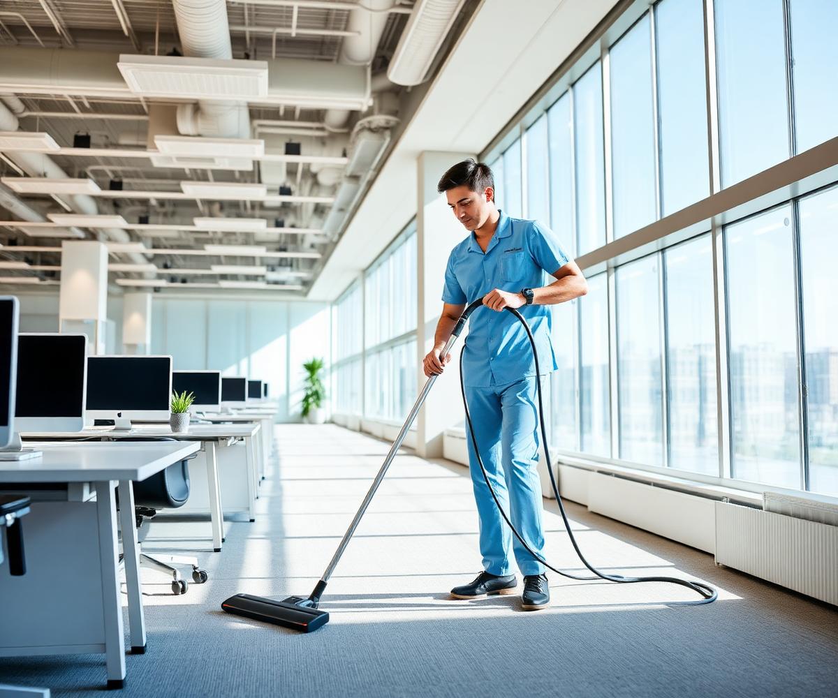 Professional cleaner vacuuming a bright, modern office space