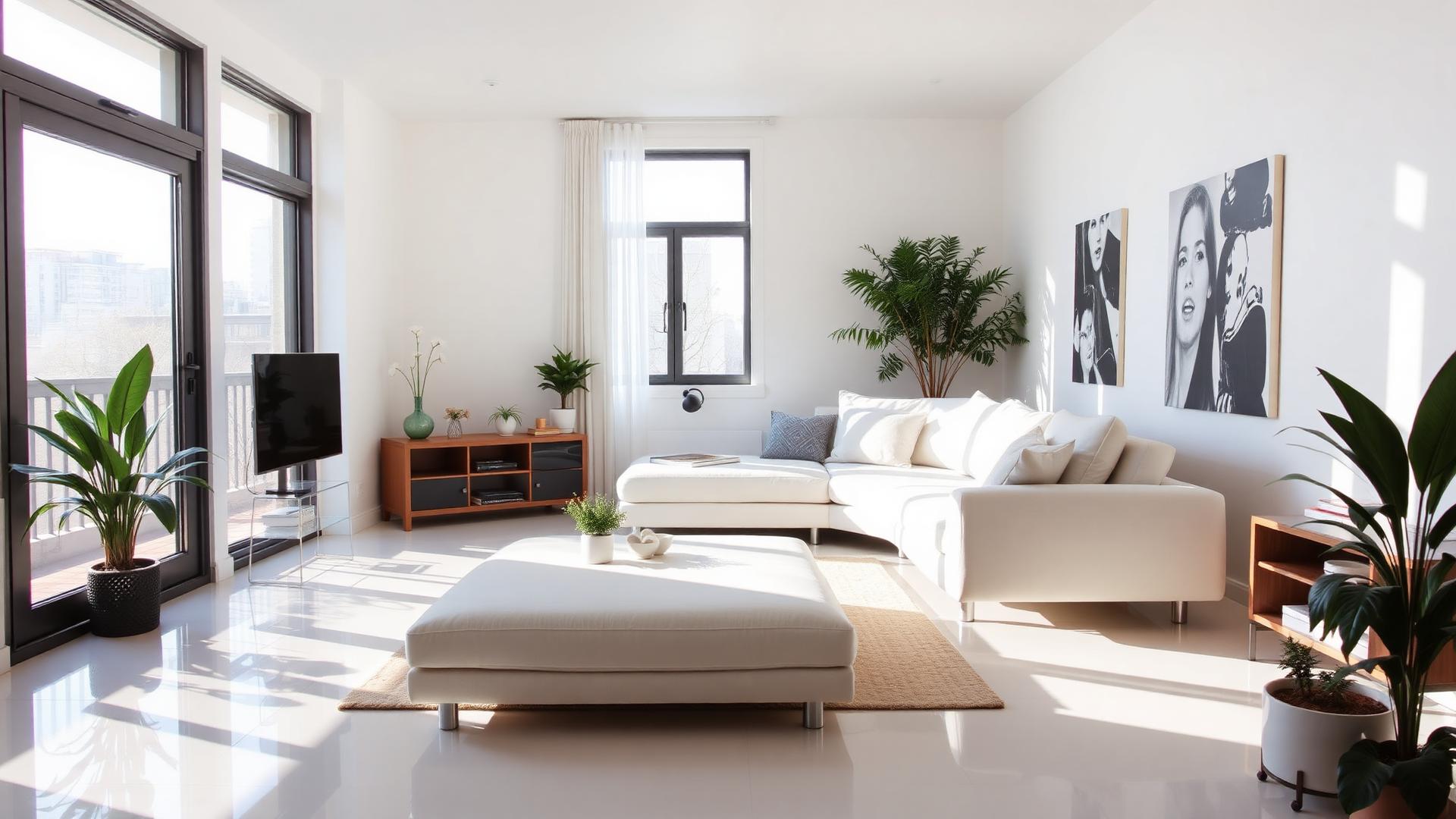Bright, freshly cleaned apartment living room with sunlight streaming through the windows